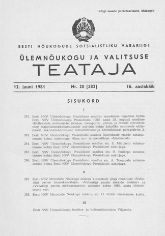 Eesti Nõukogude Sotsialistliku Vabariigi Ülemnõukogu ja Valitsuse Teataja ; 20 (582) 1981-06-12