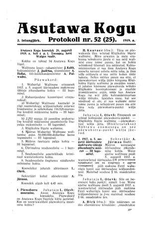 Asutawa Kogu protokoll nr.52 (25) (28. august 1919)