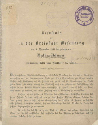 Resultate der in der Kreisstadt Wesenberg am 3. November 1869 stattgefundenen Volkszählung 