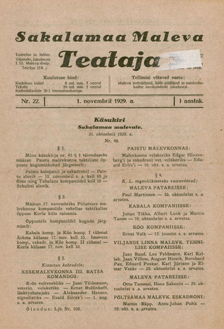 Sakalamaa Maleva Teataja ; 22 1929-11-01