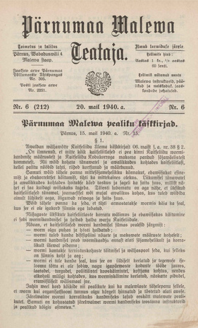 Pärnumaa Maleva Teataja ; 6 (212) 1940-05-20