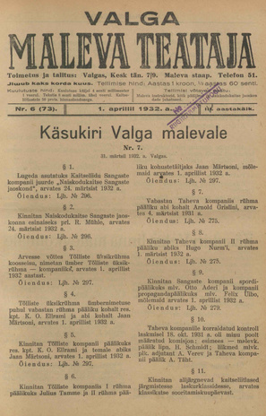 Valga Maleva Teataja ; 6 (73) 1932-04-01