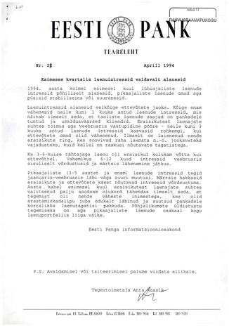 Eesti Pank : teabeleht ; 28 1994-04