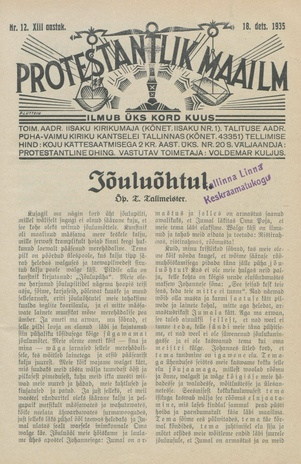 Protestantlik Maailm : Usu- ja kirikuküsimusi käsitlev vabameelne ajakiri ; 12 1935-12-18
