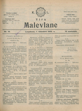 K. L. Viru Malevlane ; 19 1932-10-01