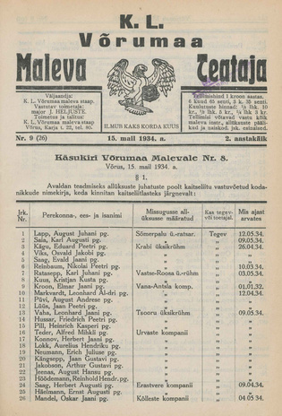 K. L. Võrumaa Maleva Teataja ; 9 (26) 1934-05-15