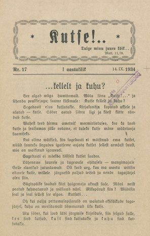 Kutse! : äratusleht linnas ja maal ; 17 1934-09-14