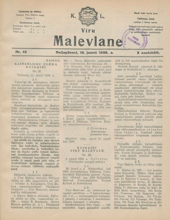 K. L. Viru Malevlane ; 13 1938-06-16