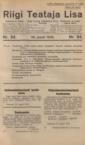 Riigi Teataja Lisa : seaduste alustel avaldatud teadaanded ; 54 1939-06-30