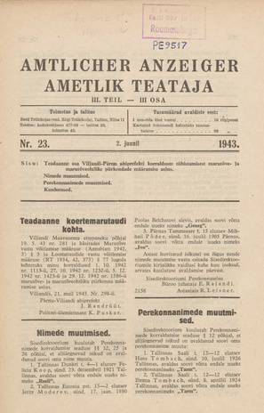 Ametlik Teataja. III osa = Amtlicher Anzeiger. III Teil ; 23 1943-06-02