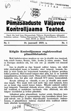 Piimasaaduste Väljaveo Kontrolljaama Teated ; 1 1939-01-10