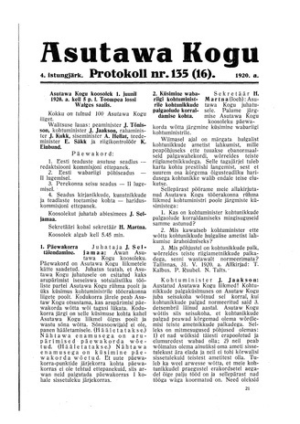 Asutawa Kogu protokoll nr.135 (16) (1. juuni 1920)