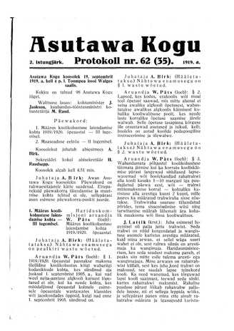 Asutawa Kogu protokoll nr.62 (35) (19. september 1919)