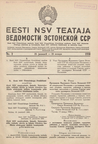 Eesti NSV Teataja = Ведомости Эстонской ССР ; 2 1950-01-25
