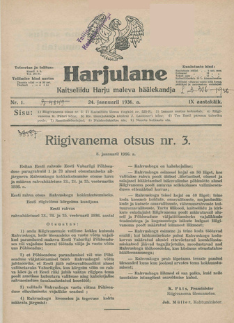 Harjulane : Kaitseliidu Harju Maleva häälekandja ; 1 1936-01-24
