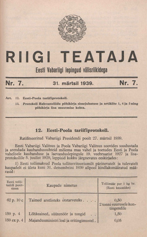 Riigi Teataja. Eesti Vabariigi lepingud välisriikidega ; 7 1939-03-31