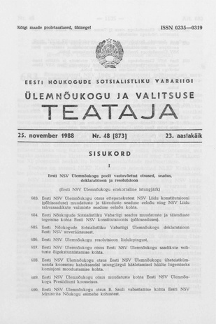 Eesti Nõukogude Sotsialistliku Vabariigi Ülemnõukogu ja Valitsuse Teataja ; 48 (873) 1988-11-25