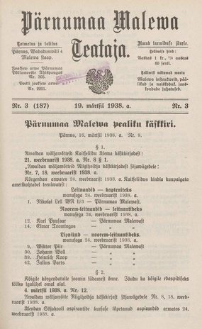 Pärnumaa Maleva Teataja ; 3 (187) 1938-03-19