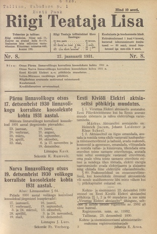 Riigi Teataja Lisa : seaduste alustel avaldatud teadaanded ; 8 1931-01-27