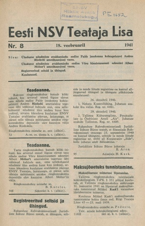 Eesti NSV Teataja lisa ; 8 1941-02-18