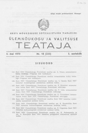 Eesti Nõukogude Sotsialistliku Vabariigi Ülemnõukogu ja Valitsuse Teataja ; 18 (233) 1970-05-08