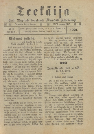Teekäija : Eesti Baptisti Koguduse Ühenduse häälekandja ; 8 1921-08