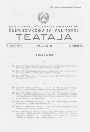Eesti Nõukogude Sotsialistliku Vabariigi Ülemnõukogu ja Valitsuse Teataja ; 23 (340) 1972-06-09
