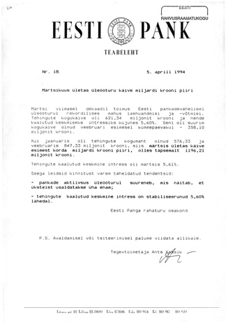 Eesti Pank : teabeleht ; 18 1994-04-05