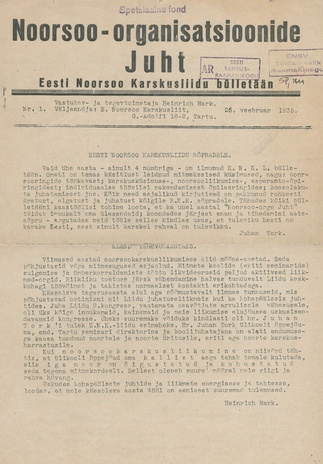 Noorsoo-organisatsioonide Juht : Eesti Noorsoo Karskusliidu bülletään ; 1 1935-02-26