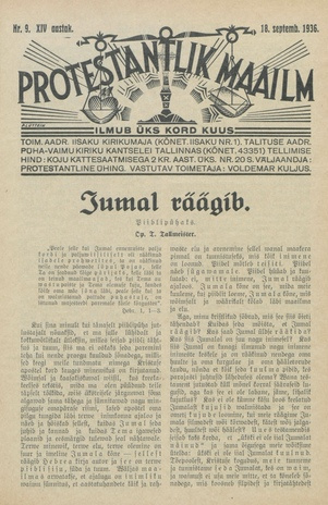 Protestantlik Maailm : Usu- ja kirikuküsimusi käsitlev vabameelne ajakiri ; 9 1936-09-18