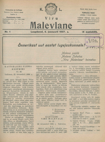 K. L. Viru Malevlane ; 1 1937-01-02