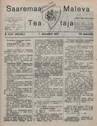 Saaremaa Maleva Teataja ; 23/24 (162/163) 1935-12-07