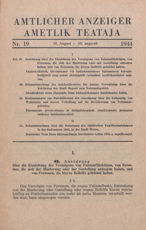 Ametlik Teataja. I/II osa = Amtlicher Anzeiger. I/II Teil ; 19 1944-08-18
