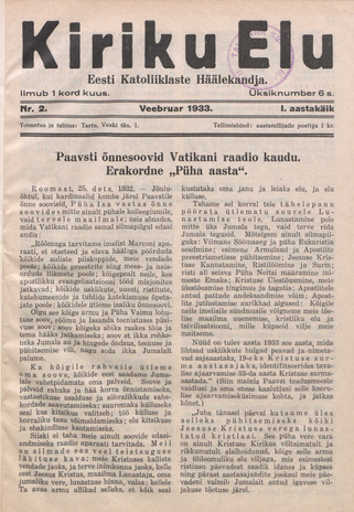 Kiriku Elu : Eesti Katoliiklaste Häälekandja ; 2 1933-02