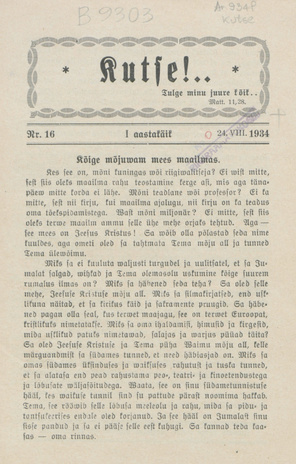 Kutse! : äratusleht linnas ja maal ; 16 1934-08-24