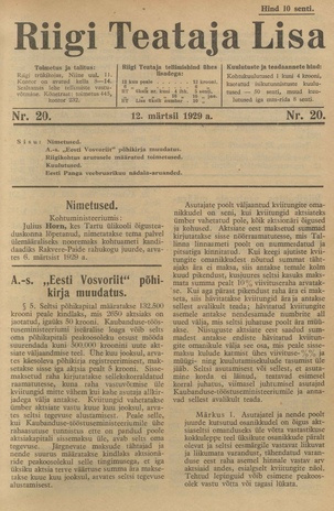 Riigi Teataja Lisa : seaduste alustel avaldatud teadaanded ; 20 1929-03-12