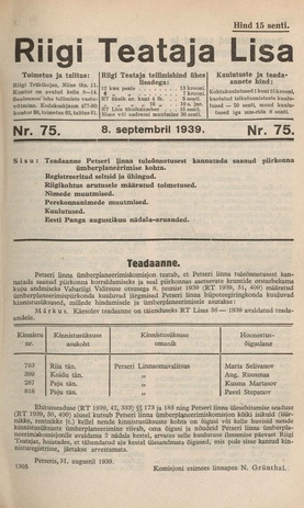 Riigi Teataja Lisa : seaduste alustel avaldatud teadaanded ; 75 1939-09-08