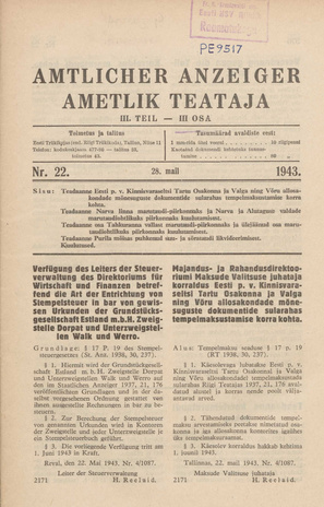 Ametlik Teataja. III osa = Amtlicher Anzeiger. III Teil ; 22 1943-05-28