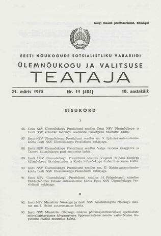Eesti Nõukogude Sotsialistliku Vabariigi Ülemnõukogu ja Valitsuse Teataja ; 11 (485) 1975-03-21