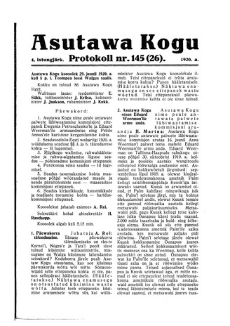 Asutawa Kogu protokoll nr.145 (26) (29. juuni 1920)