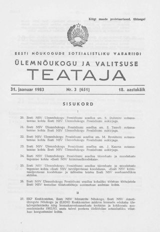Eesti Nõukogude Sotsialistliku Vabariigi Ülemnõukogu ja Valitsuse Teataja ; 3 (651) 1983-01-31