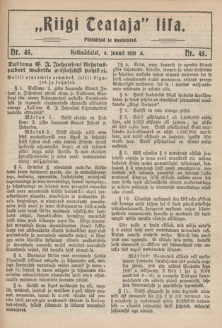 Riigi Teataja Lisa : seaduste alustel avaldatud teadaanded ; 45 1921-06-08