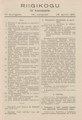 Riigikogu IV koosseis : täielikud protokollid : VII istungjärk : protokoll nr. 141