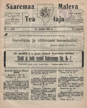Saaremaa Maleva Teataja ; 8 (30) 1930-04-15