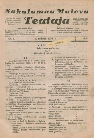 Sakalamaa Maleva Teataja ; 5 1933-03-04