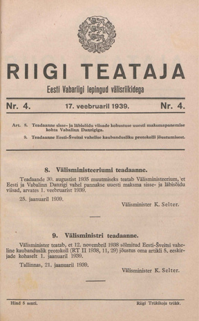 Riigi Teataja. Eesti Vabariigi lepingud välisriikidega ; 4 1939-02-17