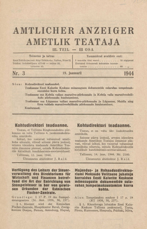 Ametlik Teataja. III osa = Amtlicher Anzeiger. III Teil ; 3 1944-01-19