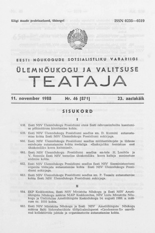 Eesti Nõukogude Sotsialistliku Vabariigi Ülemnõukogu ja Valitsuse Teataja ; 46 (871) 1988-11-11