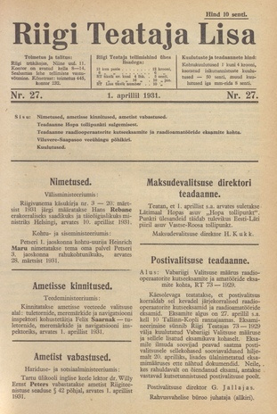 Riigi Teataja Lisa : seaduste alustel avaldatud teadaanded ; 27 1931-04-01
