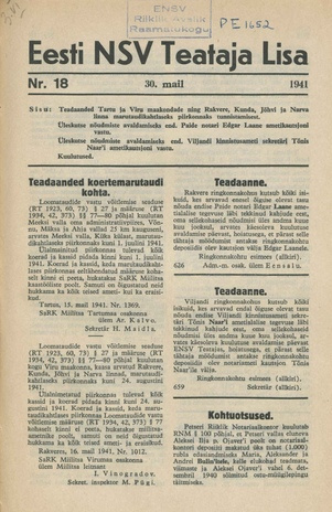 Eesti NSV Teataja lisa ; 18 1941-05-30